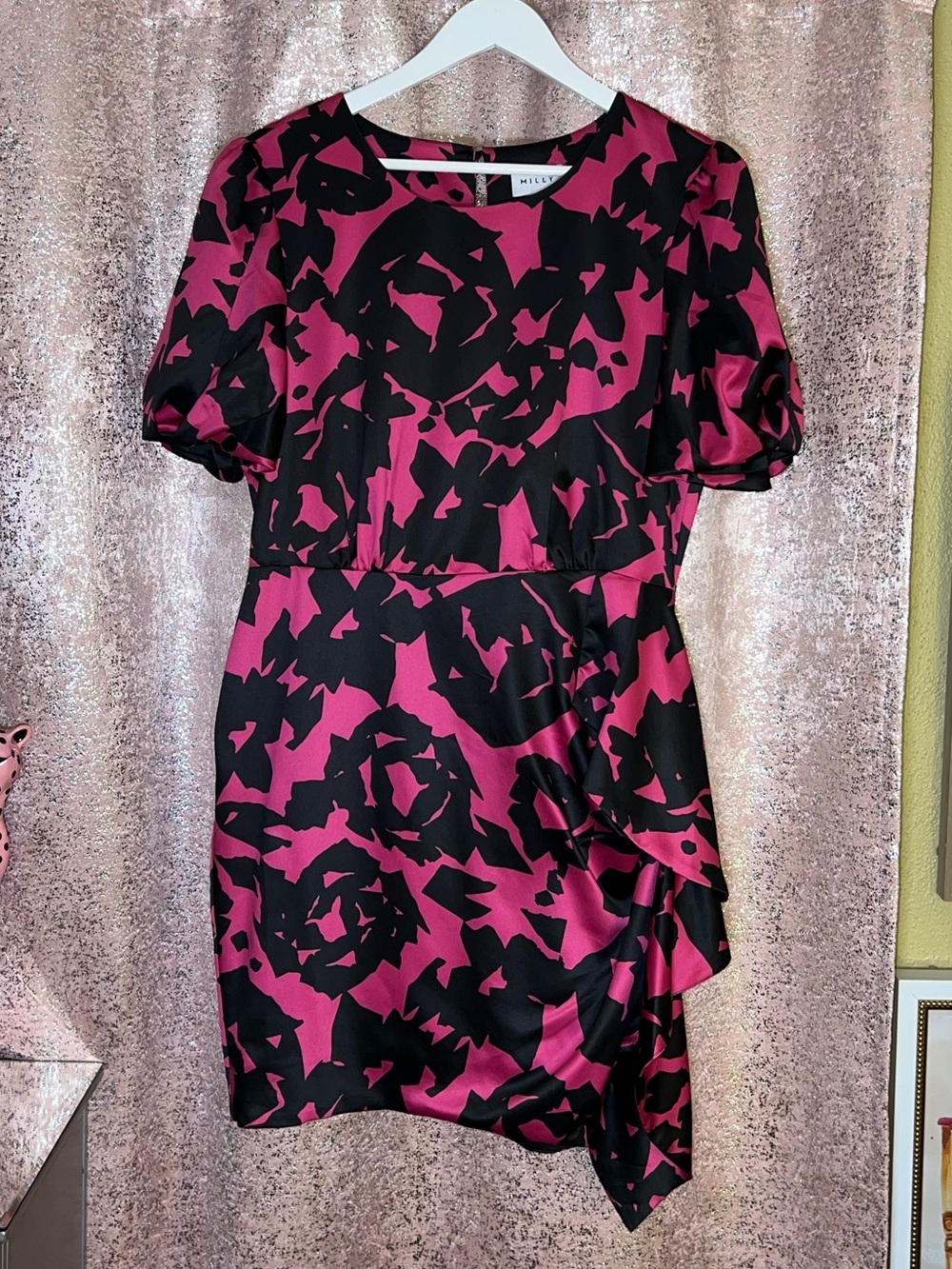 NWOT Milly Abstract Silky Pink & Black Rose Print Dress